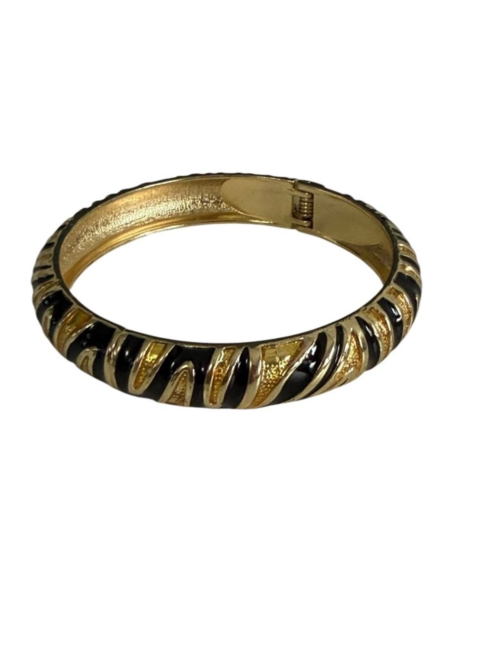 Vintage Black Enamel Gold Tone Hinged Clamper Bangle Bracelet 1980s 1990s